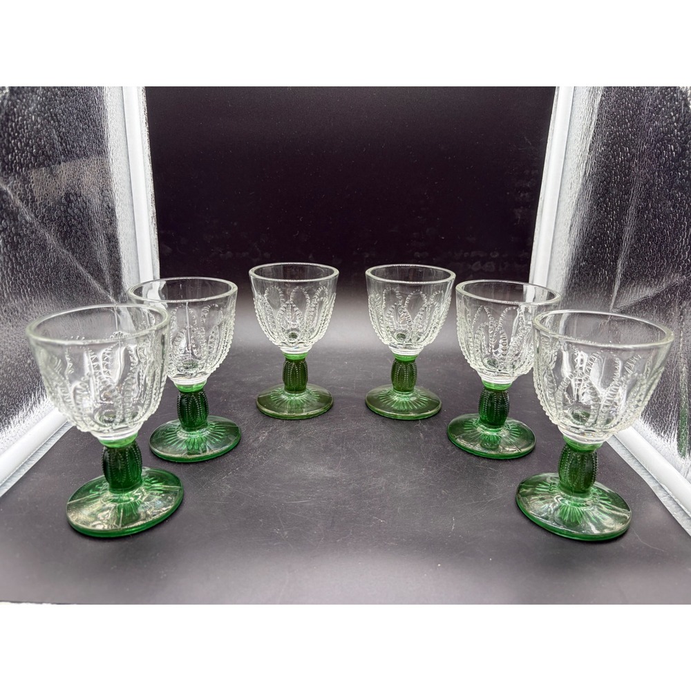 Vintage Pressed Glass Juice Cordial Glasses Green Stem Beaded Swag Set of 6